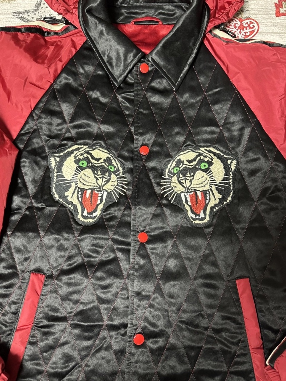 Gucci Black and Red Quilted Bomber Jacket with Tiger Motifs